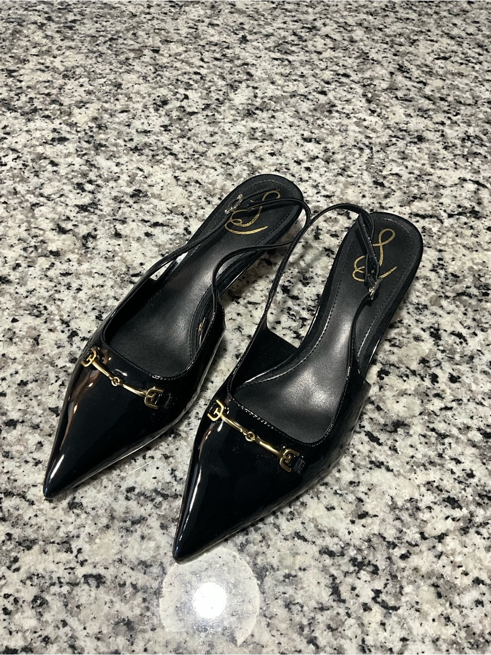 Sam Edelman Black Patent Pointed Slingback Pumps with Gold Hardware